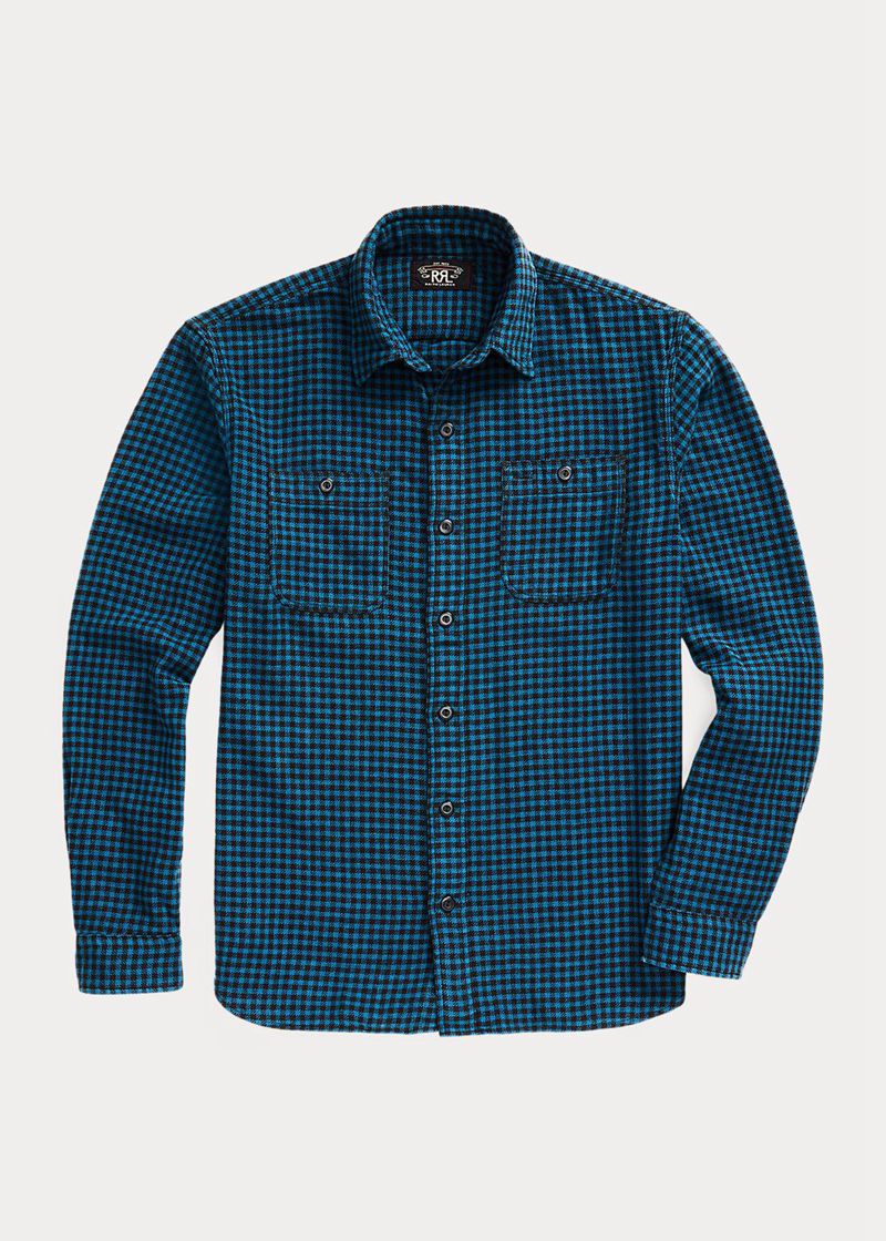 Camisas RRL Hombre Checked Indigo Cotton-Linen Work Chile Azules EPJQF-8019